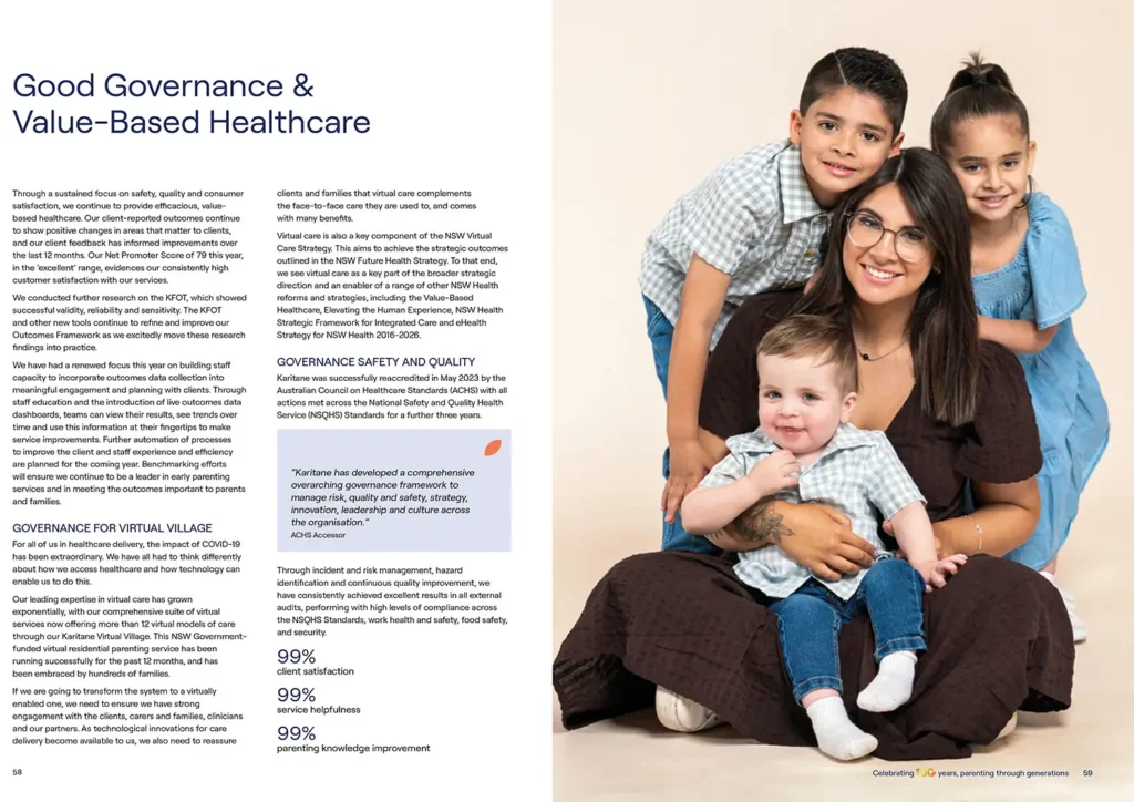 Mother with two children photographed for Karitane annual report purpose and values section