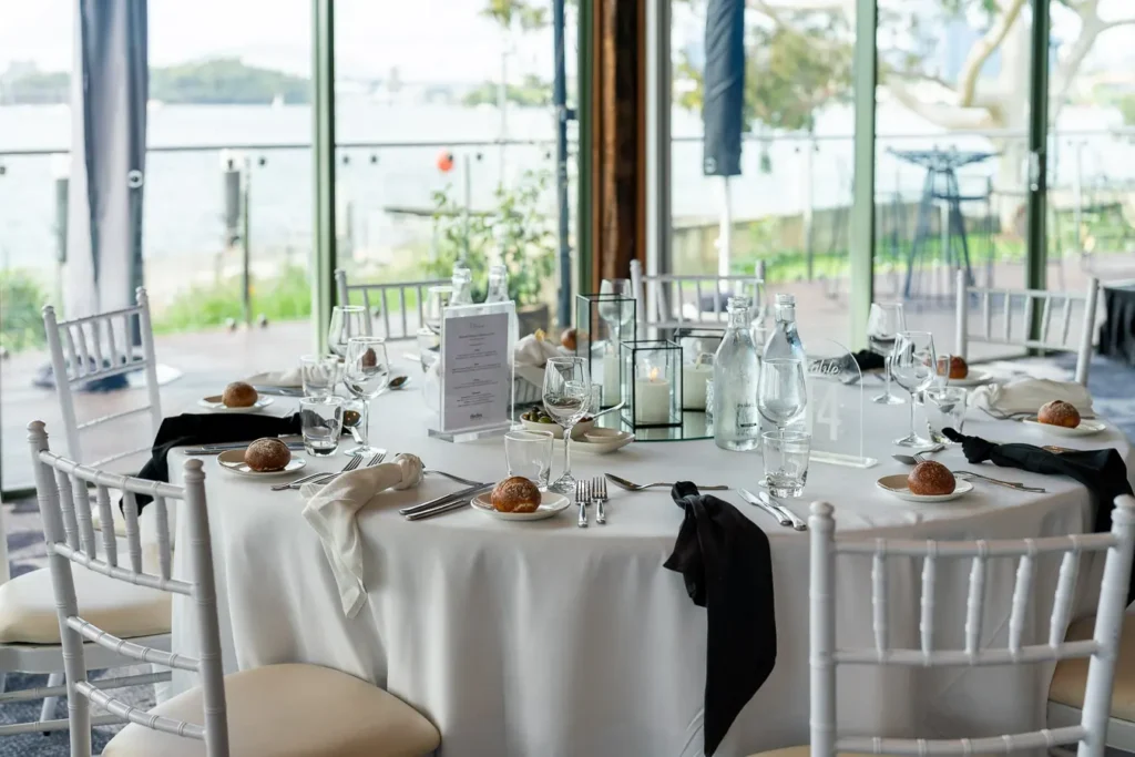 Waterfront table styling at Deckhouse Woolwich for the Michael Morgan OAM lunch