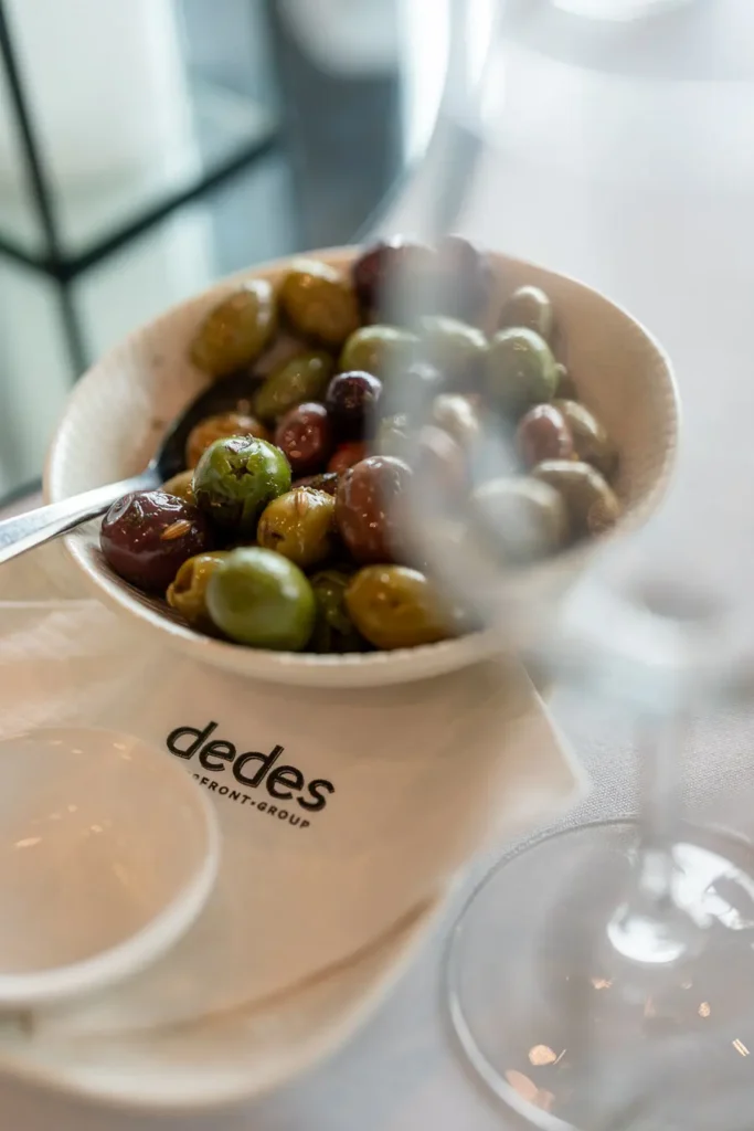 Catering detail with olives at Deckhouse Woolwich during the Michael Morgan OAM lunch