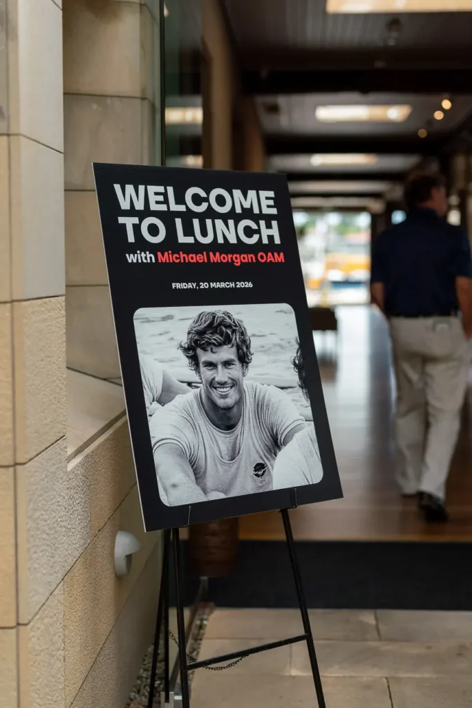 Welcome sign for the Lunch with Michael Morgan OAM event