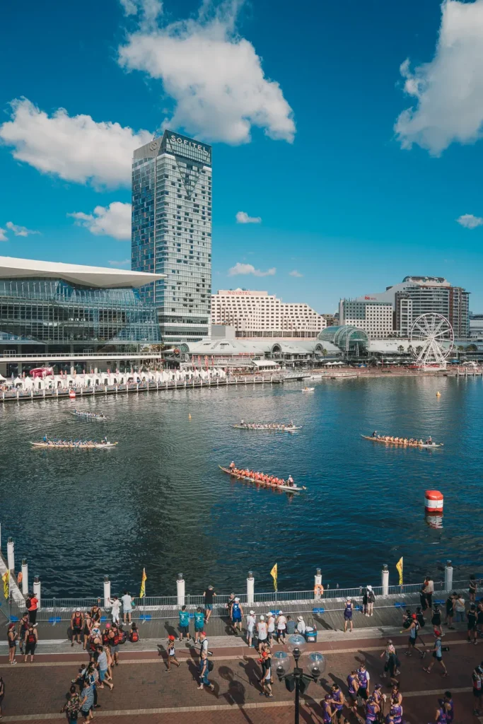 Wide aerial view of dragon boat races during Lunar New Year at Darling Harbour Sydney