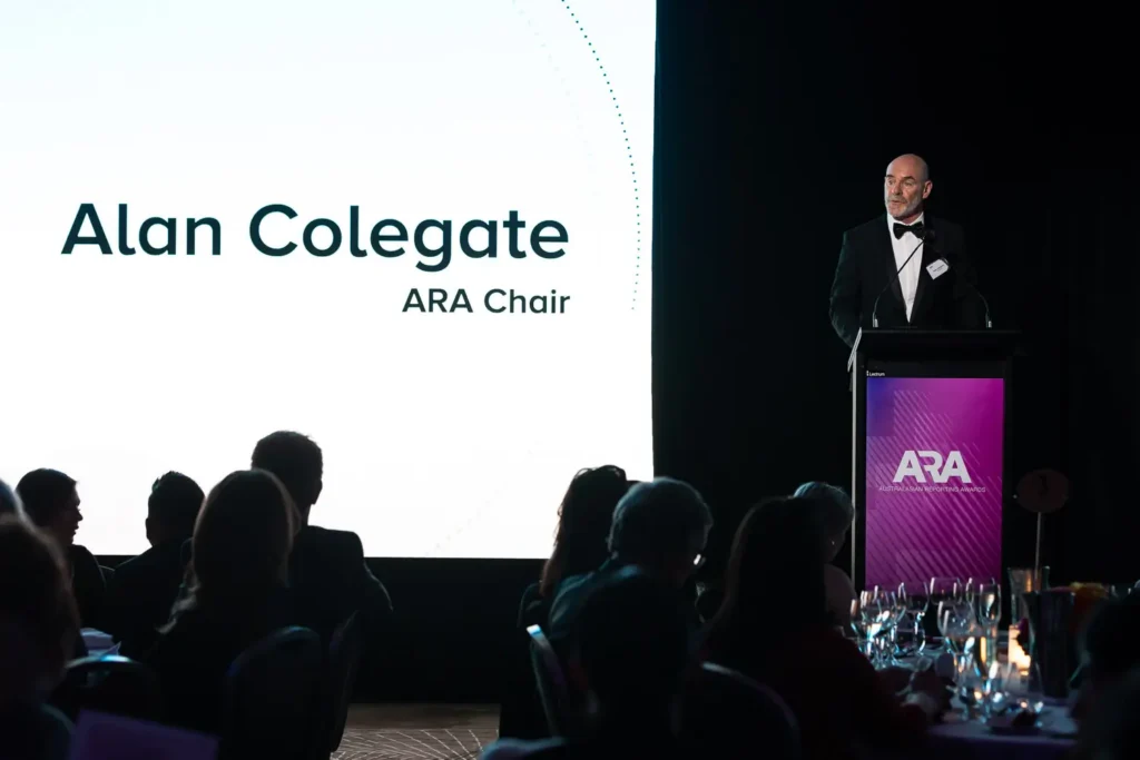 Alan Colegate speaking on stage at the 2023 Australasian Reporting Awards ceremony
