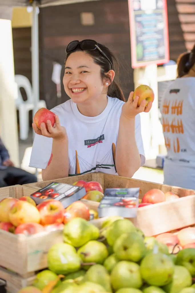 Volunteer handing out fresh apples at the Bridges Walk community event