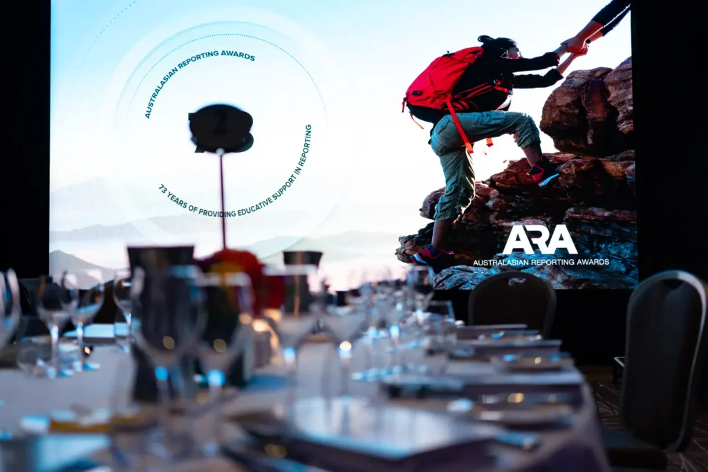 Australasian Reporting Awards stage setup at Shangri-La Sydney corporate gala dinner