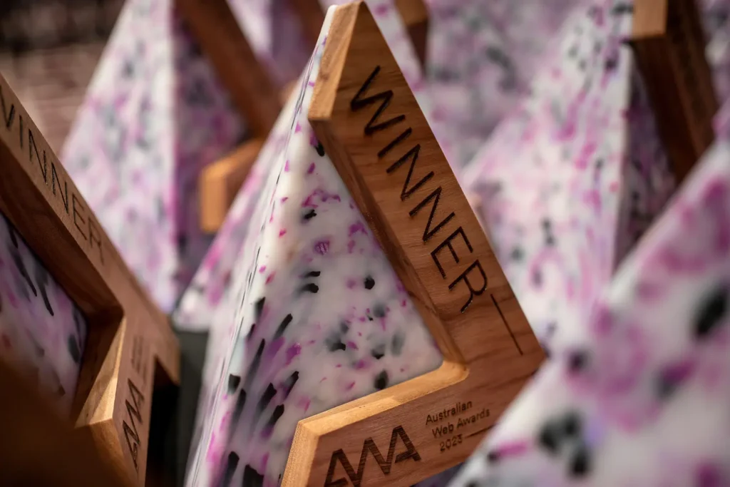 Australian Web Awards winner trophies on display