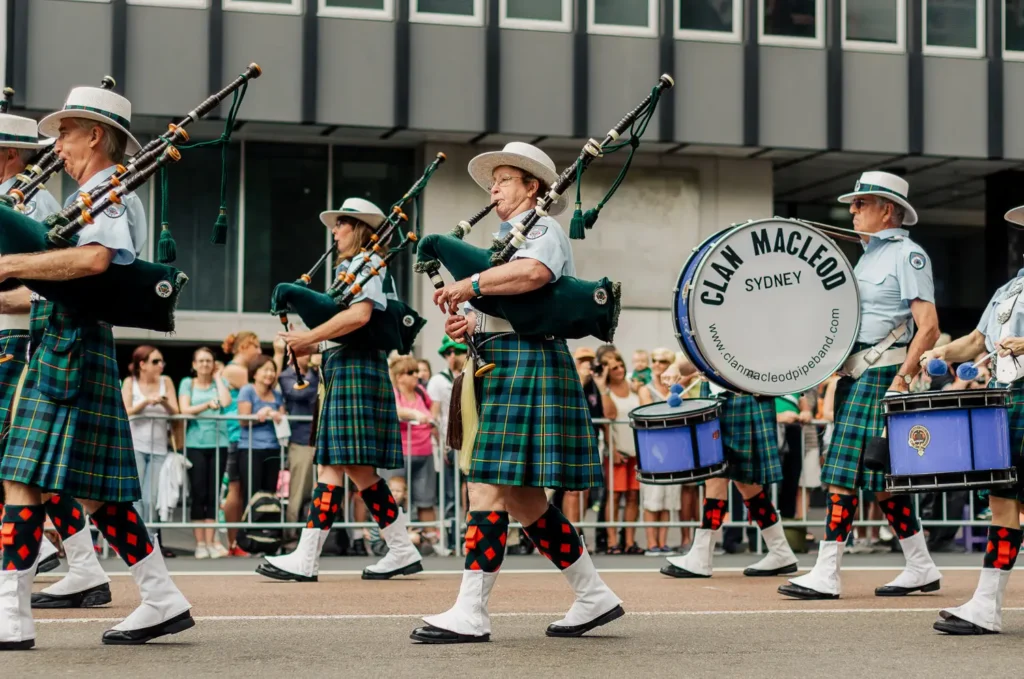Clan MacLeod pipe band performing at Sydney St Patrick’s Day Parade