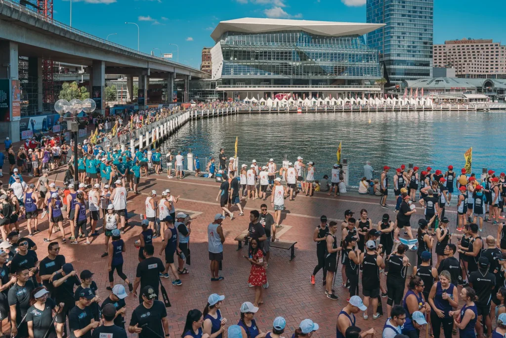 Large crowds gathering for Dragon Boat Racing festival at Darling Harbour Sydney