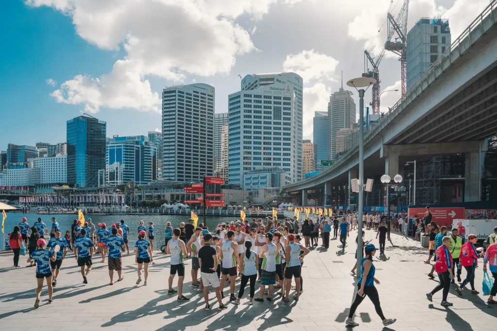 Spectators and teams gathering at Dragon Boat Racing event in Darling Harbour Sydney