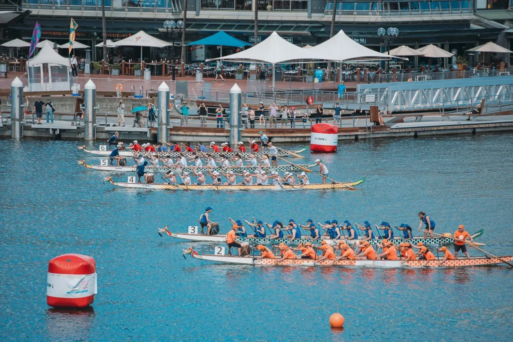 Dragon boats launching from the start line during Sydney harbour competition