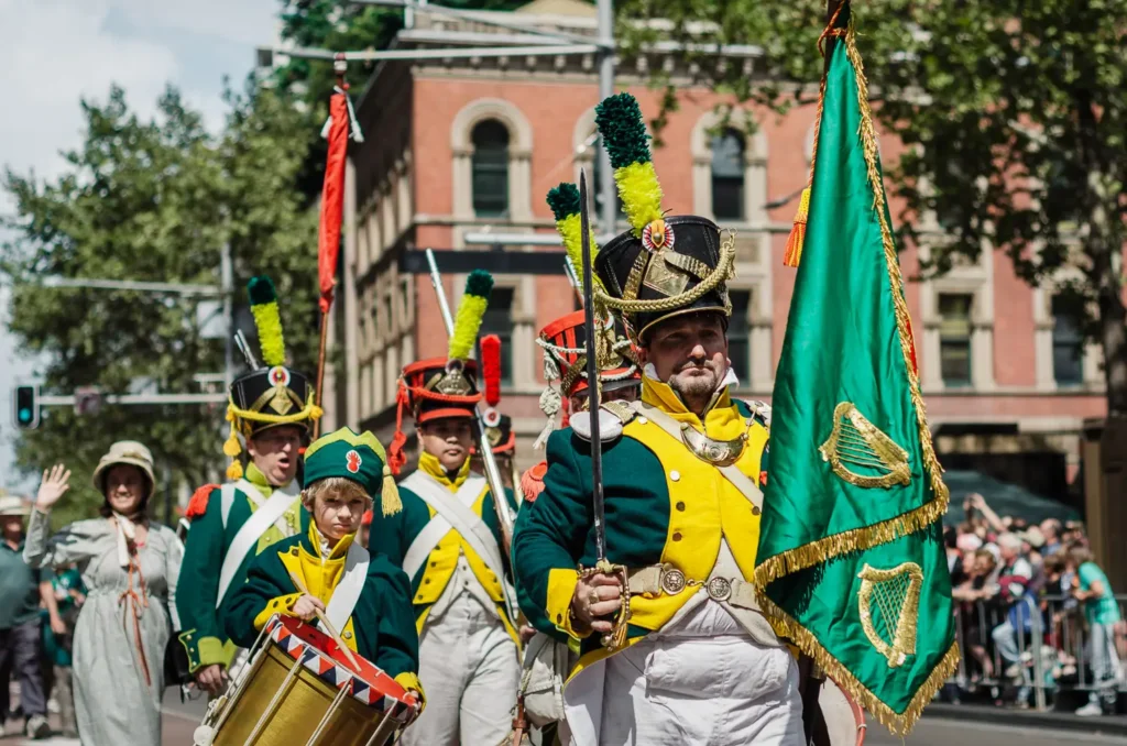 Historical Irish military reenactment group marching in Sydney parade