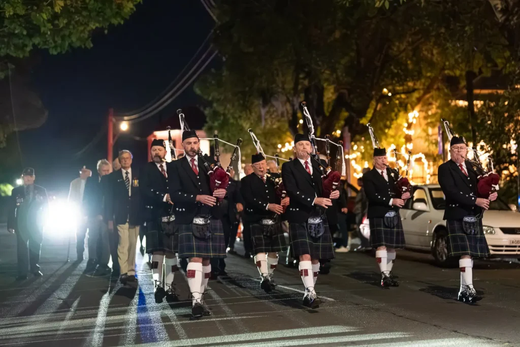 Bagpipe band leading the Hunters Hill ANZAC commemorative march