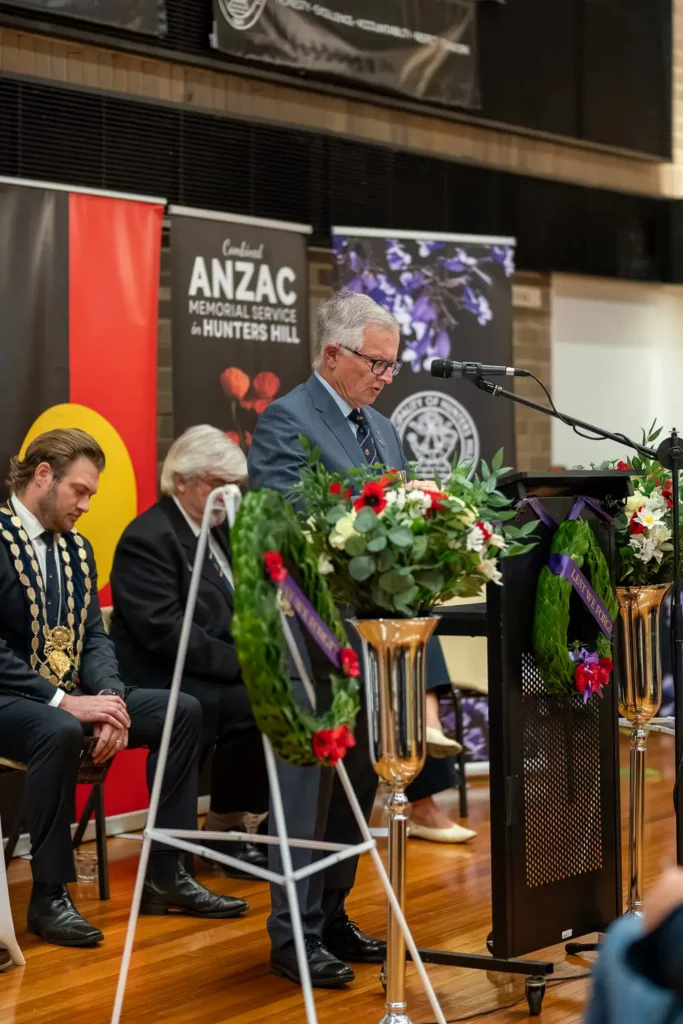 Speaker addressing the crowd during the Hunters Hill ANZAC Memorial Service 2026