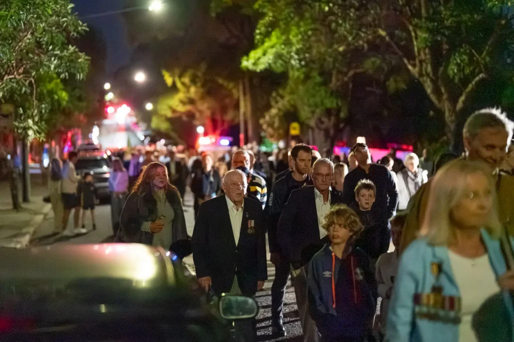 Community members walking in the Hunters Hill ANZAC commemorative march