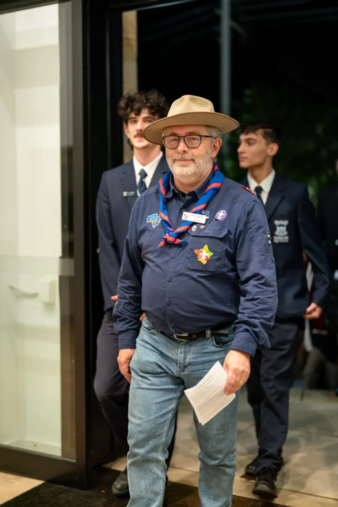 Scout leader arriving at the Hunters Hill ANZAC Memorial Service
