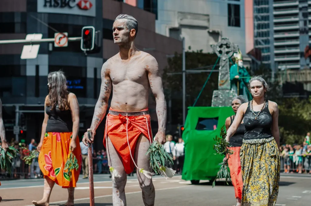 Indigenous performers participating in the Sydney St Patrick’s Day Parade
