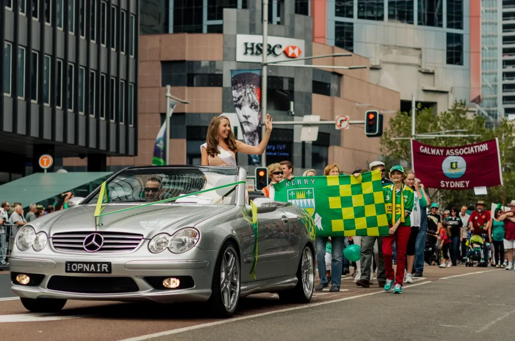 Irish community parade float driving through Sydney CBD