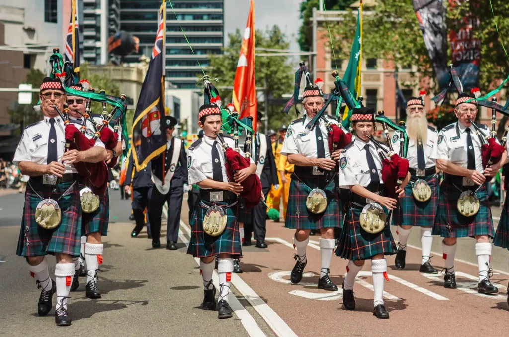 Irish pipe band performing in Sydney CBD during St Patrick’s Day Parade