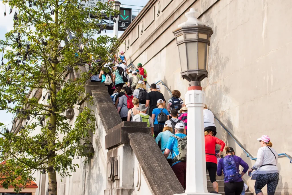 Walkers climbing stairs during the Seven Bridges Walk community sporting event