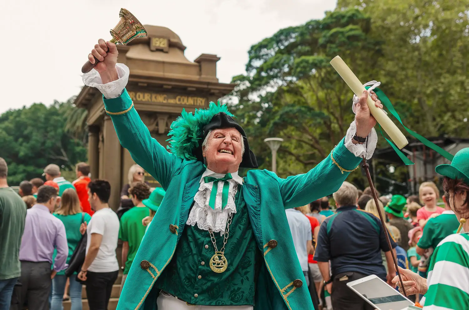 Town crier performing during St Patrick’s Day festivities in Sydney park