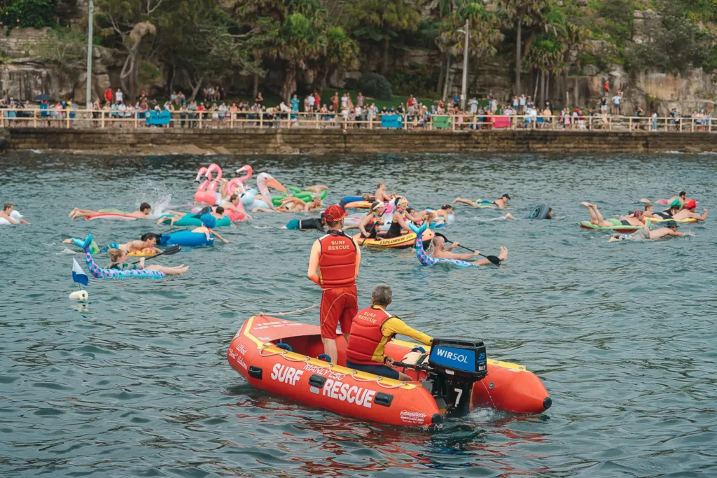 Surf Rescue boat watching participants during the Manly inflatable boat race