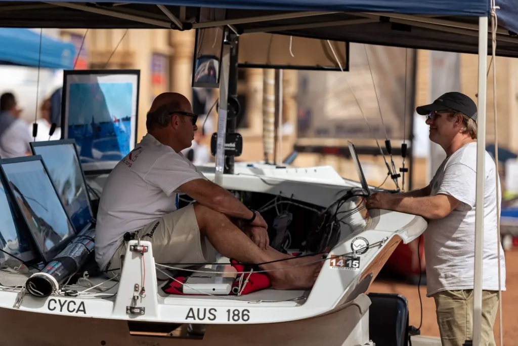 Sailing technology display and exhibitors photographed at a Sydney expo