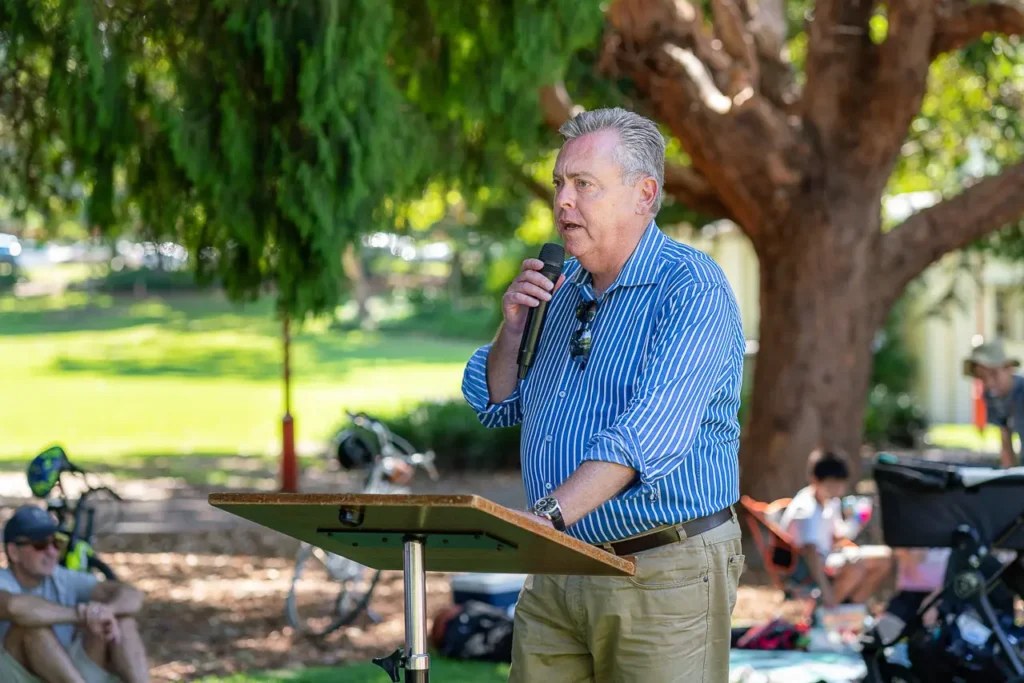 North Sydney event photography capturing an official speech during the St Leonards Park playground opening