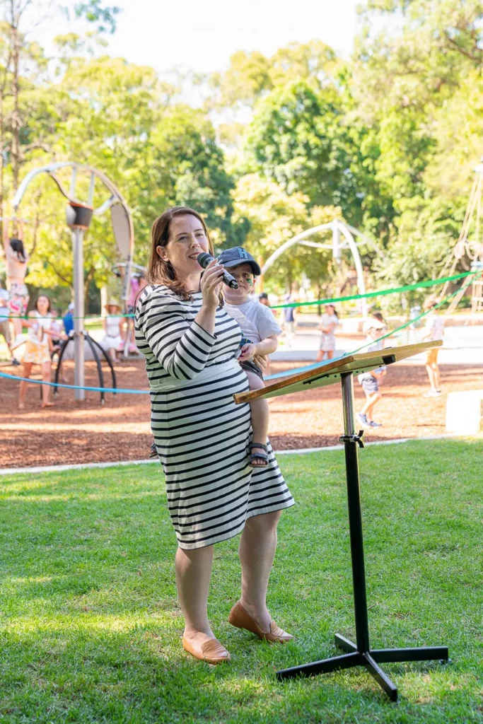 North Sydney event photography capturing a community speech at the St Leonards Park playground opening