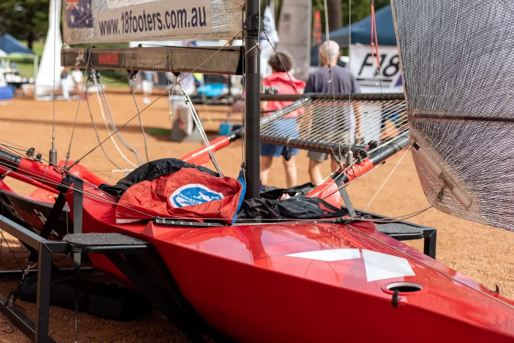 Red 18 Footers catamaran on display photographed at a Sydney sailing expo event