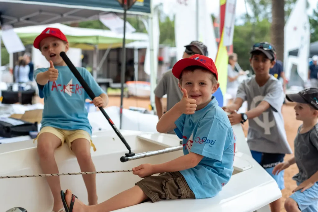 Children taking part in an interactive sailing activity photographed at a Sydney expo event