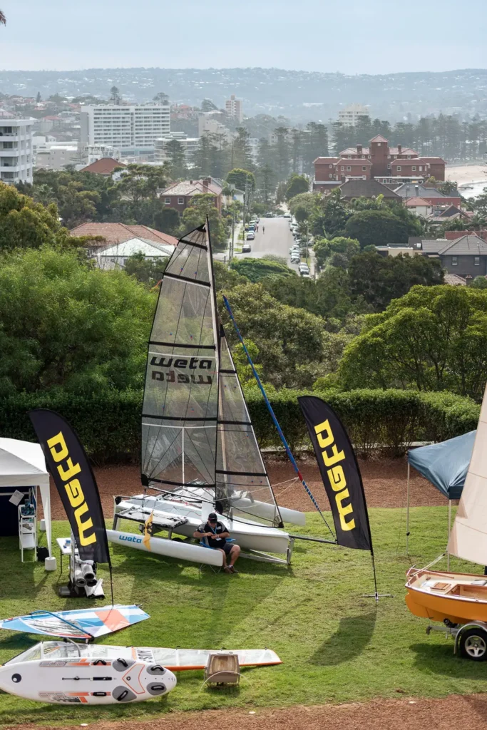 Weta catamaran and sailing equipment display photographed at a Sydney sailing expo