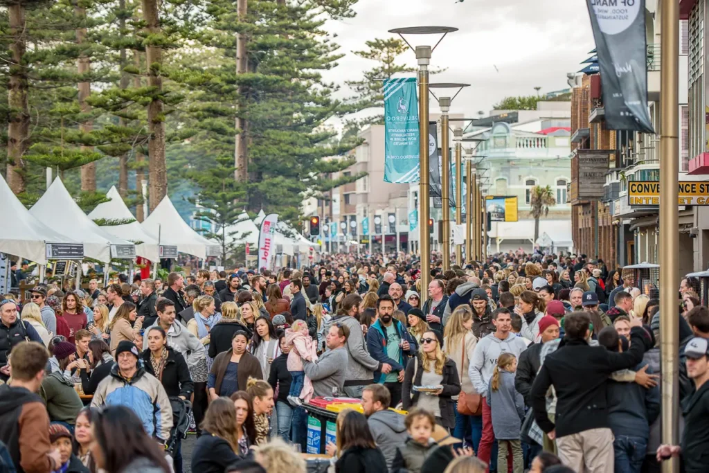 Large crowd filling the streets during the Taste of Manly food and wine festival