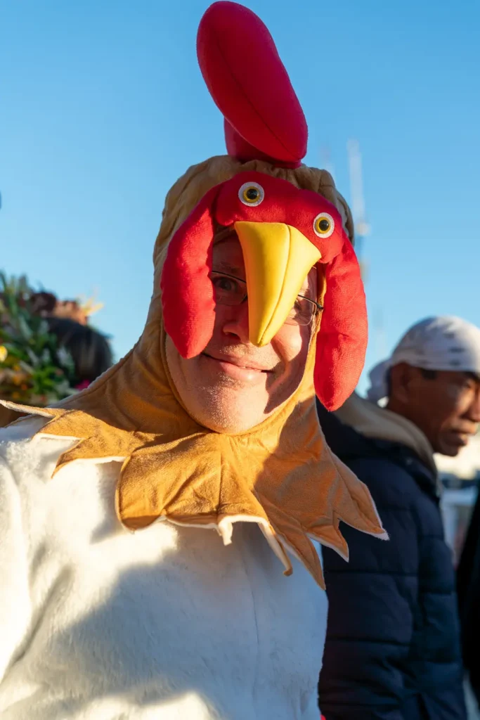 Guest in a chicken costume at a Sydney Harbour cruise party